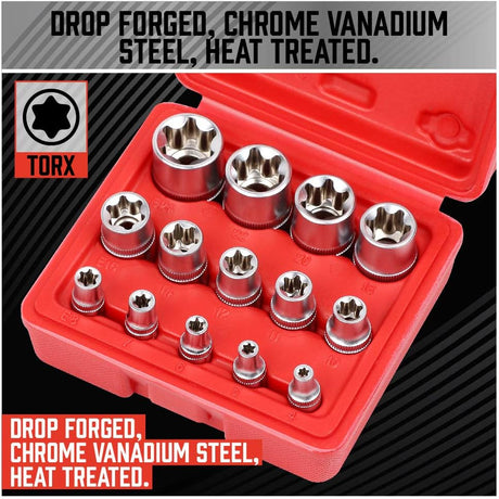 SEDY 14PCS E Torx Star Female Bit Socket Set with 1/4", 3/8", and 1/2" Drive in Red Storage Case