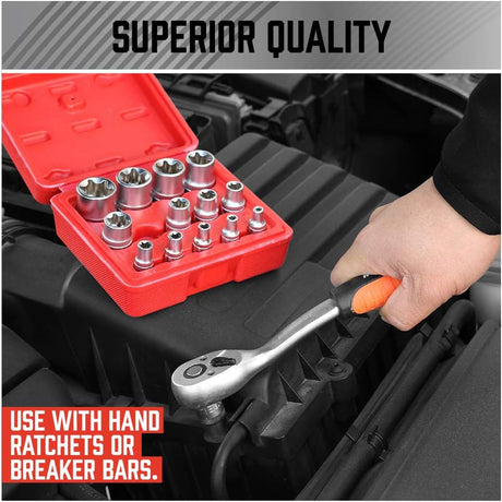 SEDY 14PCS E Torx Star Female Bit Socket Set with 1/4", 3/8", and 1/2" Drive in Red Storage Case