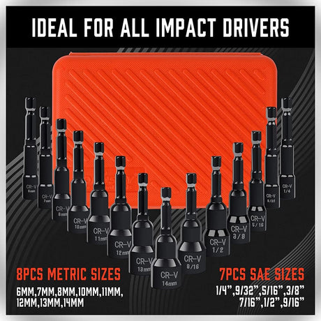 15-piece HORUSDY magnetic nut driver set with SAE and metric sizes, black CR-V steel, orange storage case for impact drivers