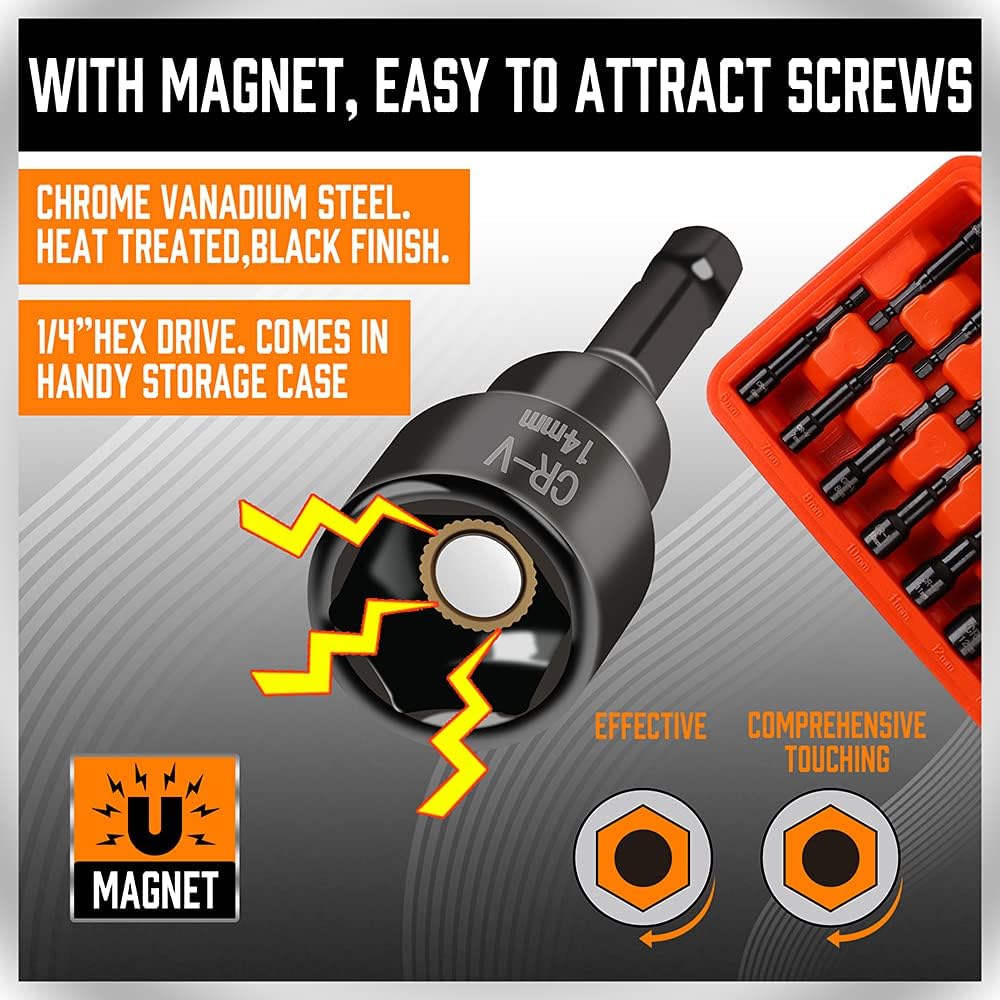 15-piece HORUSDY magnetic nut driver set with SAE and metric sizes, black CR-V steel, orange storage case for impact drivers