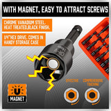 15-piece HORUSDY magnetic nut driver set with SAE and metric sizes, black CR-V steel, orange storage case for impact drivers