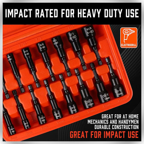 15-piece HORUSDY magnetic nut driver set with SAE and metric sizes, black CR-V steel, orange storage case for impact drivers