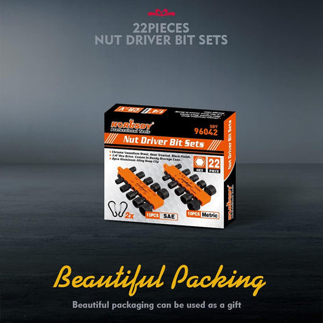 HORUSDY 22-piece nut driver bit set with SAE and metric sizes, hex shank design, chrome vanadium steel, and orange organizer