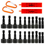HORUSDY 22-piece nut driver bit set with SAE and metric sizes, hex shank design, chrome vanadium steel, and orange organizer