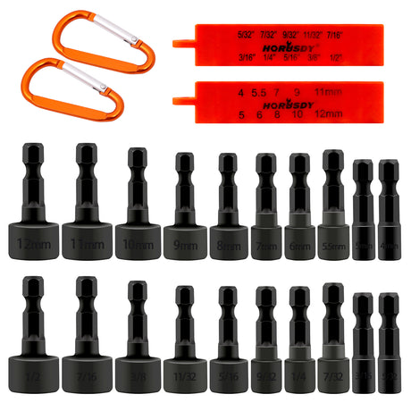 HORUSDY 22-piece nut driver bit set with SAE and metric sizes, hex shank design, chrome vanadium steel, and orange organizer