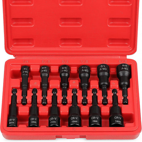 SEDY 12PCS Magnetic Nut Driver Set, including SAE & Metric sizes, durable chrome vanadium steel, impact-rated, and comes with a red storage case.