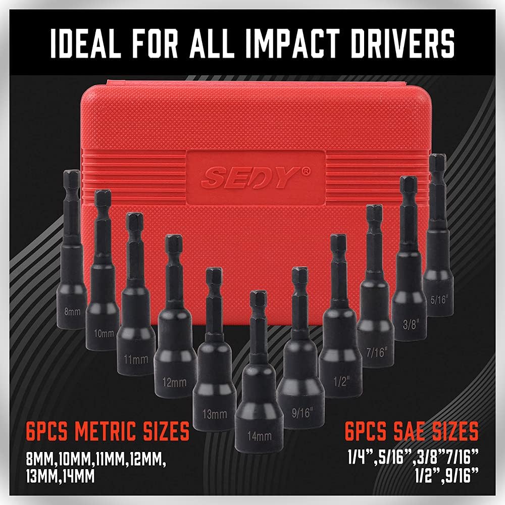 SEDY 12PCS Magnetic Nut Driver Set, including SAE & Metric sizes, durable chrome vanadium steel, impact-rated, and comes with a red storage case.