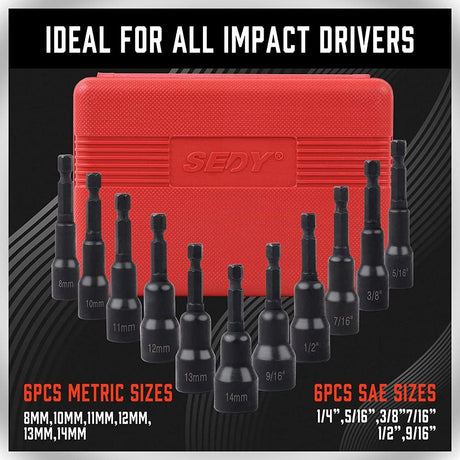 SEDY 12PCS Magnetic Nut Driver Set, including SAE & Metric sizes, durable chrome vanadium steel, impact-rated, and comes with a red storage case.
