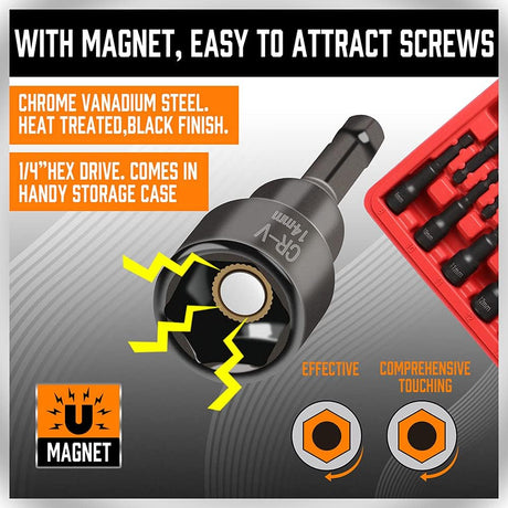 SEDY 12PCS Magnetic Nut Driver Set, including SAE & Metric sizes, durable chrome vanadium steel, impact-rated, and comes with a red storage case.
