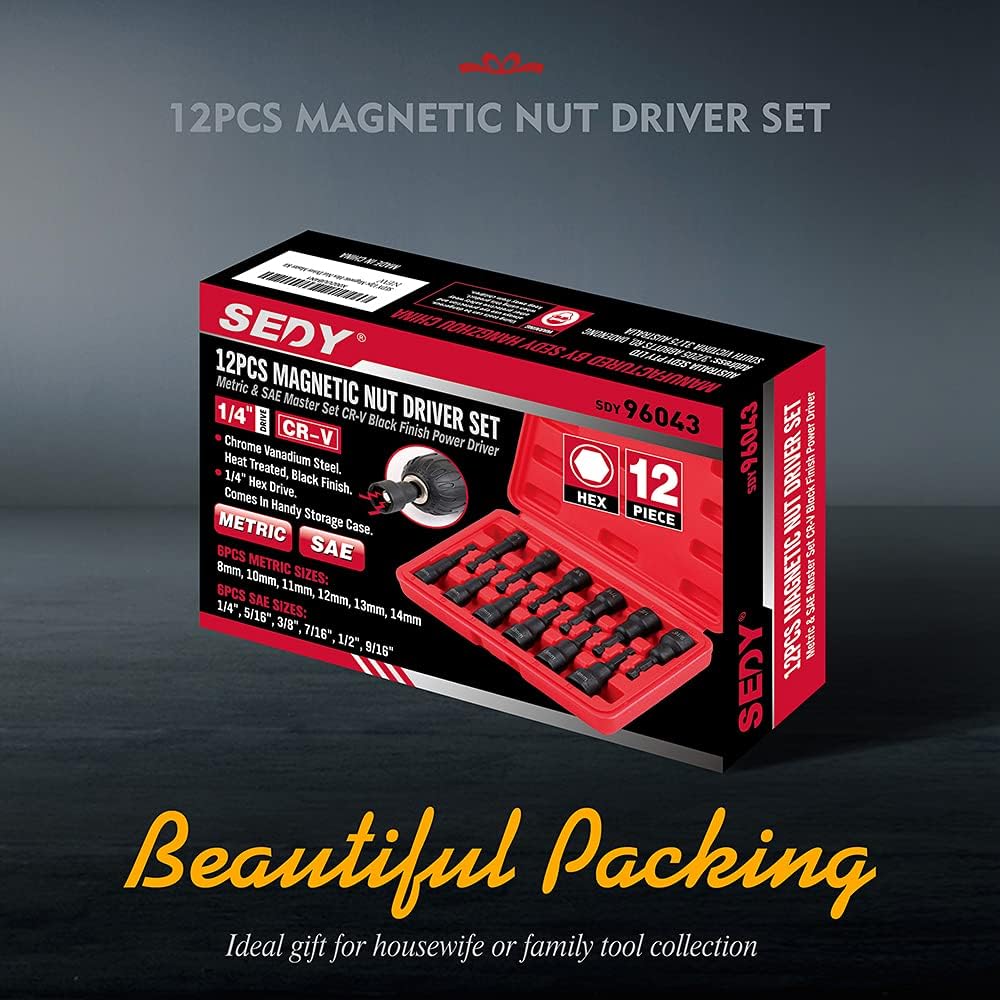 SEDY 12PCS Magnetic Nut Driver Set, including SAE & Metric sizes, durable chrome vanadium steel, impact-rated, and comes with a red storage case.