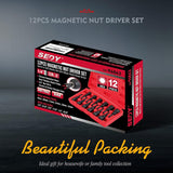 SEDY 12PCS Magnetic Nut Driver Set, including SAE & Metric sizes, durable chrome vanadium steel, impact-rated, and comes with a red storage case.