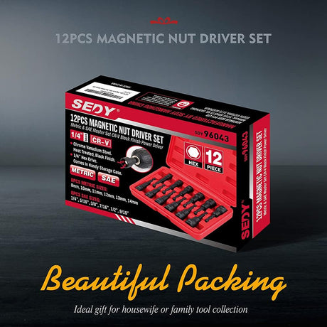 SEDY 12PCS Magnetic Nut Driver Set, including SAE & Metric sizes, durable chrome vanadium steel, impact-rated, and comes with a red storage case.