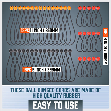 HORUSDY 45-Piece Ball Bungee Cord Set – Assorted Sizes (6", 9", 11") Elastic Tie Downs with Durable Latex Core and HOPE Plastic Balls for Camping, Tarp Securing, Cable Management, and Outdoor Use