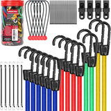 Heavy duty multi-size bungee cord set with hooks, tarp clips, ball bungees and zip ties for outdoor, camping and cargo securing