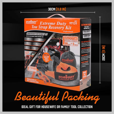 HORUSDY heavy-duty 32,000 lbs towing recovery strap kit with 3"x30FT polyester strap, forged D-ring shackles, and drawstring bag for trucks, SUVs, and off-road use