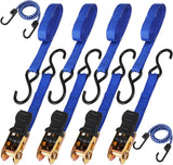 Heavy-duty ratchet tie down strap set with ergonomic handles, coated S-hooks, and bungee cords for secure cargo transport