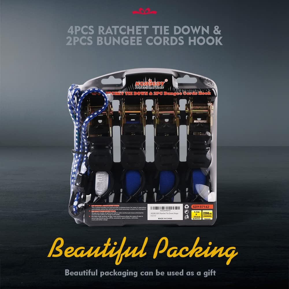 Heavy-duty ratchet tie down strap set with ergonomic handles, coated S-hooks, and bungee cords for secure cargo transport