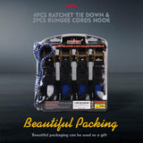 Heavy-duty ratchet tie down strap set with ergonomic handles, coated S-hooks, and bungee cords for secure cargo transport