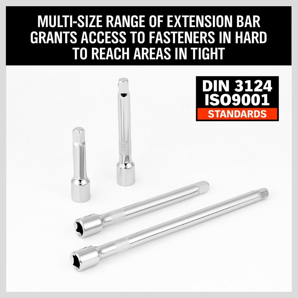HORUSDY 4PCS 1/4 Inch Drive Extension Bar Set made of chrome vanadium steel with knurled grip and spring-loaded ball detent