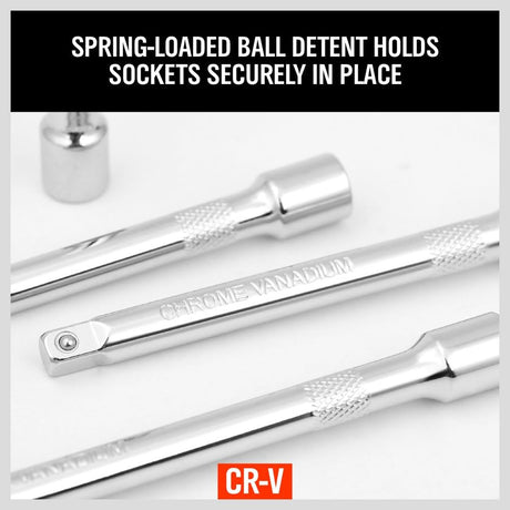 HORUSDY 4PCS 1/4 Inch Drive Extension Bar Set made of chrome vanadium steel with knurled grip and spring-loaded ball detent