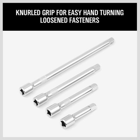 HORUSDY 4PCS 1/4 Inch Drive Extension Bar Set made of chrome vanadium steel with knurled grip and spring-loaded ball detent