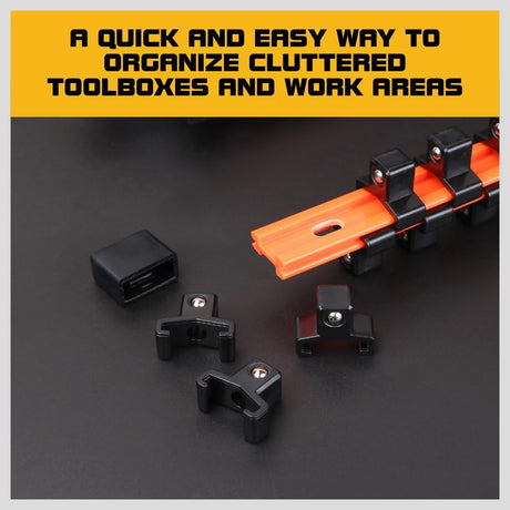 HORUSDY 3-piece aluminum socket rail set with double-sided clips for organizing 1/4", 3/8", and 1/2" drive sockets