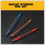 HORUSDY 3-piece aluminum socket rail set with double-sided clips for organizing 1/4", 3/8", and 1/2" drive sockets