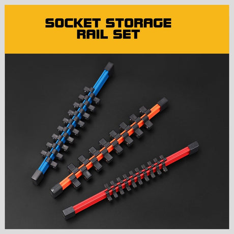 HORUSDY 3-piece aluminum socket rail set with double-sided clips for organizing 1/4", 3/8", and 1/2" drive sockets