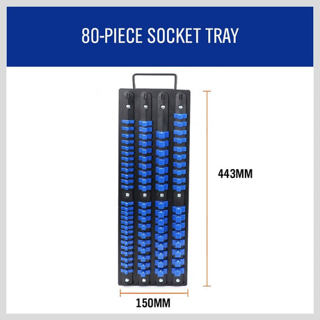 HORUSDY 80-piece socket organizer tray with blue clips and carry handle for 1/4", 3/8", and 1/2" drive sockets