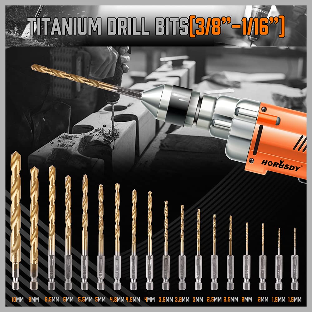 HORUSDY 112-Piece Drill Bit Set, Titanium & Masonry Bits with Nut Drivers and Storage Case, All-in-One for Wood, Metal & Concrete