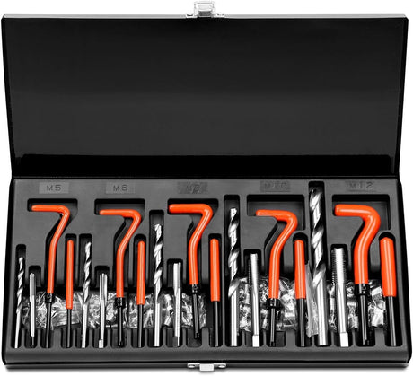 HORUSDY 131-piece thread repair kit with twist drills, screw taps, and inserts for M5-M12 thread restoration in metal case