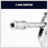 Heavy-duty pistol grip grease gun set with lithium grease cartridge, flexible and rigid hoses, 4-jaw coupler, and ergonomic handle for automotive and machinery lubrication.