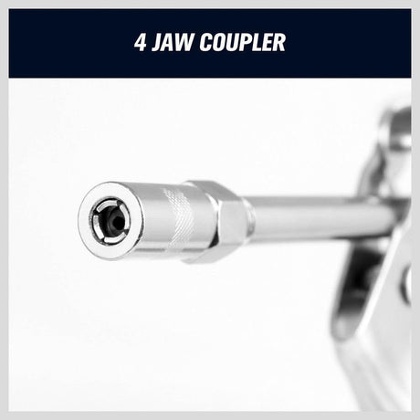 Heavy-duty pistol grip grease gun set with lithium grease cartridge, flexible and rigid hoses, 4-jaw coupler, and ergonomic handle for automotive and machinery lubrication.