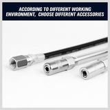 Heavy-duty pistol grip grease gun set with lithium grease cartridge, flexible and rigid hoses, 4-jaw coupler, and ergonomic handle for automotive and machinery lubrication.