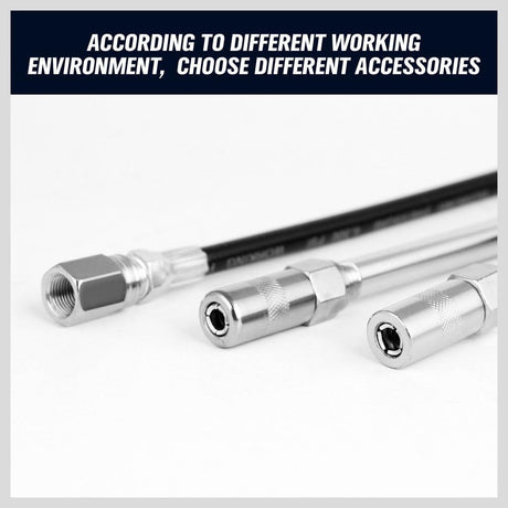 Heavy-duty pistol grip grease gun set with lithium grease cartridge, flexible and rigid hoses, 4-jaw coupler, and ergonomic handle for automotive and machinery lubrication.