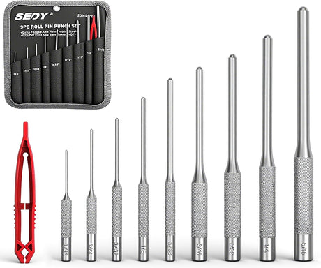 SEDY 9-piece roll pin punch set with heat-treated steel punches, anti-slip grip, and canvas pouch for gunsmithing, automotive, and mechanical repairs