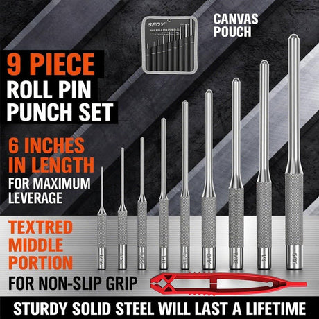 SEDY 9-piece roll pin punch set with heat-treated steel punches, anti-slip grip, and canvas pouch for gunsmithing, automotive, and mechanical repairs