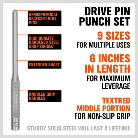 SEDY 9-piece roll pin punch set with heat-treated steel punches, anti-slip grip, and canvas pouch for gunsmithing, automotive, and mechanical repairs