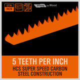 HORUSDY 12-inch reciprocating saw blades for wood pruning, high carbon steel, 5TPI, 5-pack
