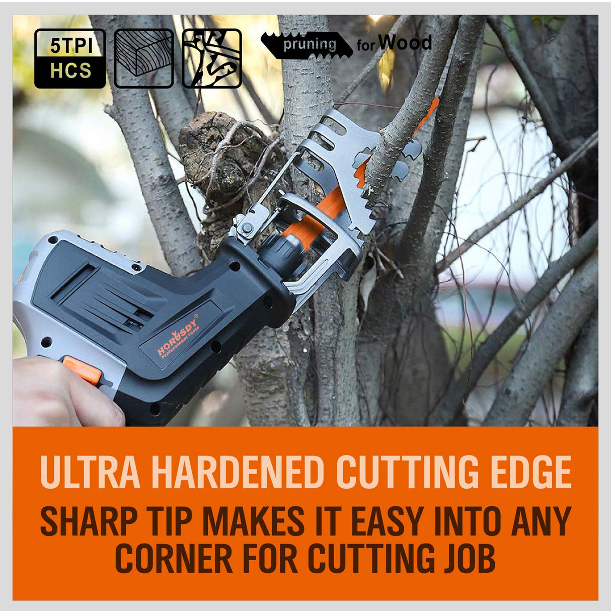 HORUSDY 12-inch reciprocating saw blades for wood pruning, high carbon steel, 5TPI, 5-pack