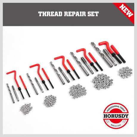 Thread repair tool kit with 131 pieces including taps, drills, wire thread inserts, installation and breaking tools for M5-M12 metric threads in a storage case.