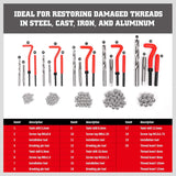 Thread repair tool kit with 131 pieces including taps, drills, wire thread inserts, installation and breaking tools for M5-M12 metric threads in a storage case.