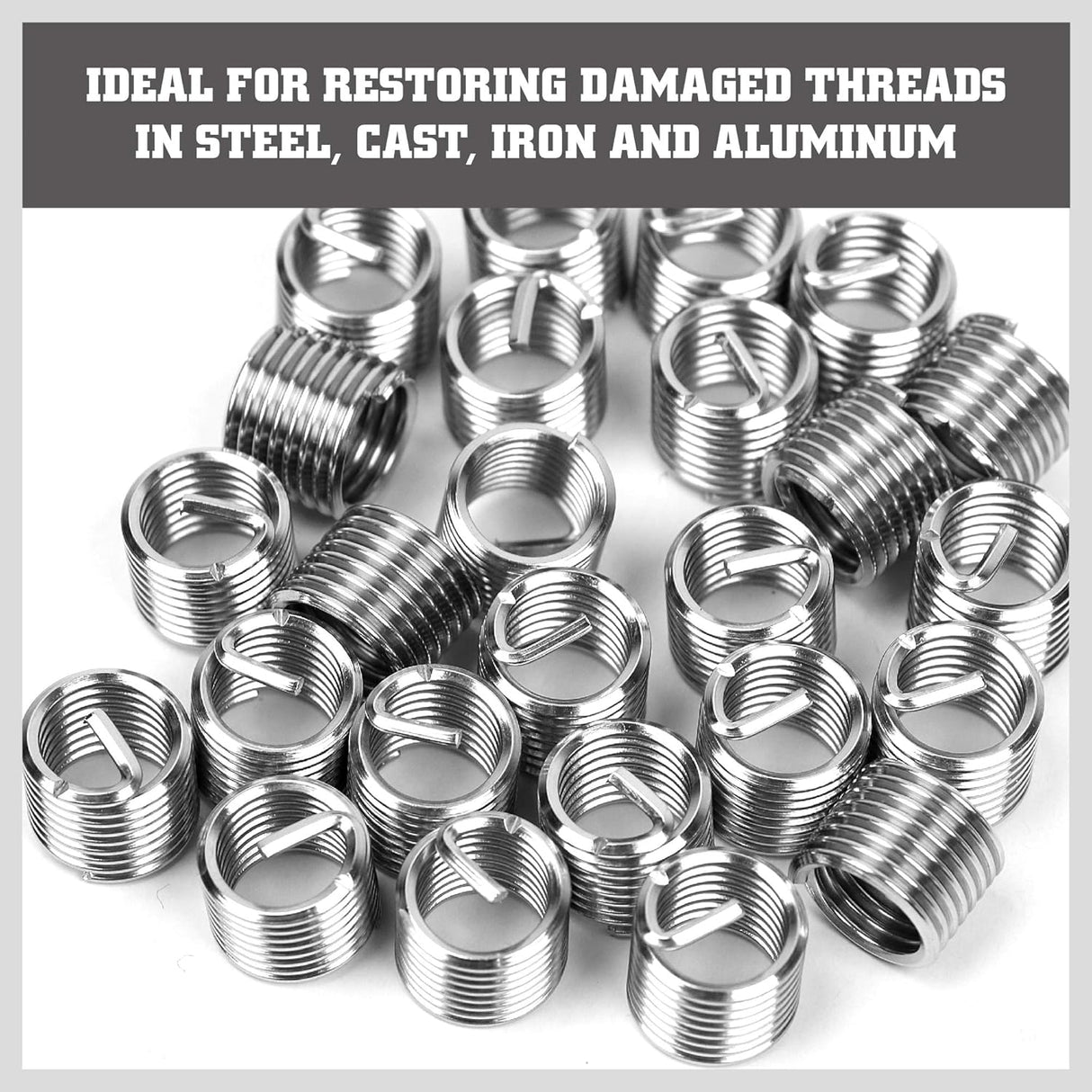 Thread repair tool kit with 131 pieces including taps, drills, wire thread inserts, installation and breaking tools for M5-M12 metric threads in a storage case.