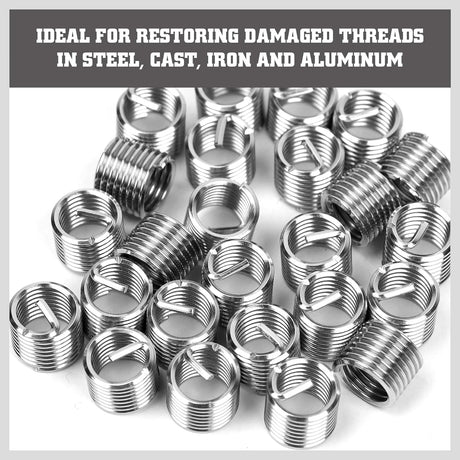 Thread repair tool kit with 131 pieces including taps, drills, wire thread inserts, installation and breaking tools for M5-M12 metric threads in a storage case.