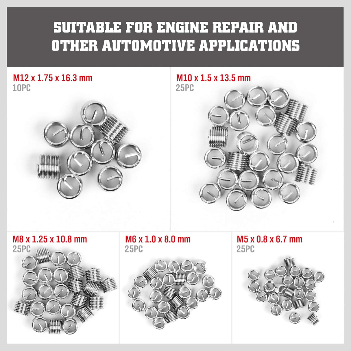 Thread repair tool kit with 131 pieces including taps, drills, wire thread inserts, installation and breaking tools for M5-M12 metric threads in a storage case.