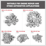 Thread repair tool kit with 131 pieces including taps, drills, wire thread inserts, installation and breaking tools for M5-M12 metric threads in a storage case.