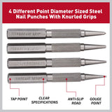 HORUSDY 4-piece nail and punch set with heat-treated steel tips and knurled grips for wood and metal positioning.