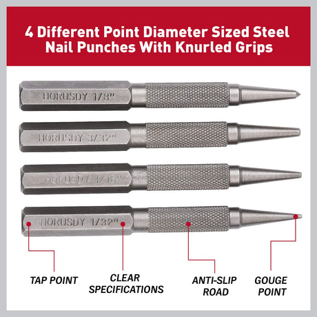 HORUSDY 4-piece nail and punch set with heat-treated steel tips and knurled grips for wood and metal positioning.