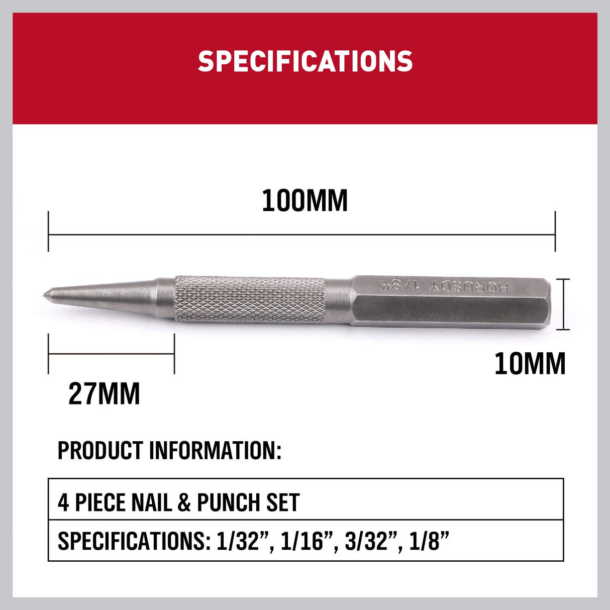 HORUSDY 4-piece nail and punch set with heat-treated steel tips and knurled grips for wood and metal positioning.