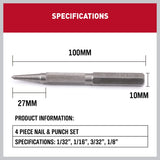 HORUSDY 4-piece nail and punch set with heat-treated steel tips and knurled grips for wood and metal positioning.